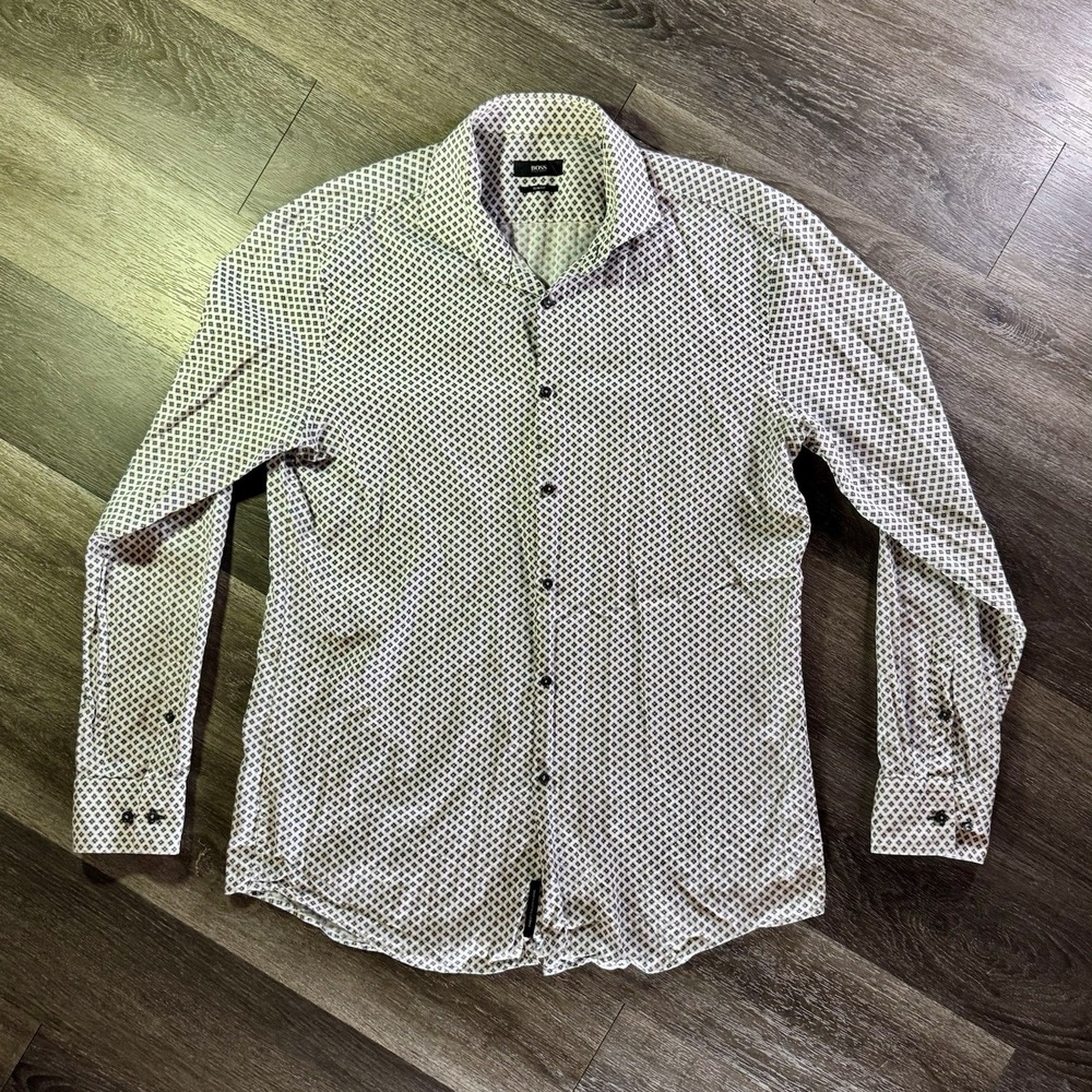 Hugo Boss Performance Slim Fit Geometric Print Button Down Shirt Mens 43/17